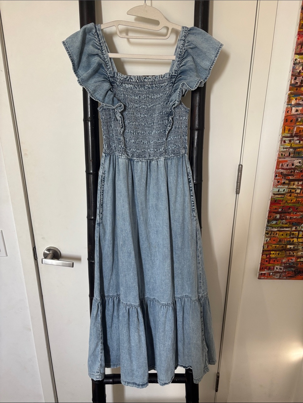 GAP Light Blue Denim Ruffle Strap Maxi Dress